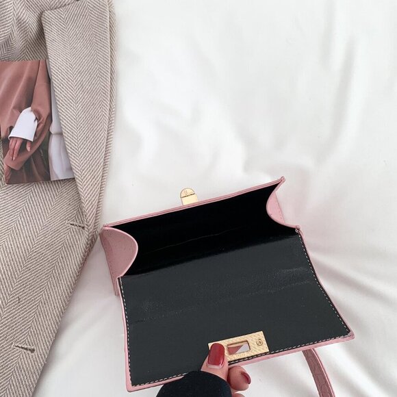 Pink Elegant Women's Mini Crocodile Embossed Twist Lock Flap Square Handbag - Picture 7 of 8